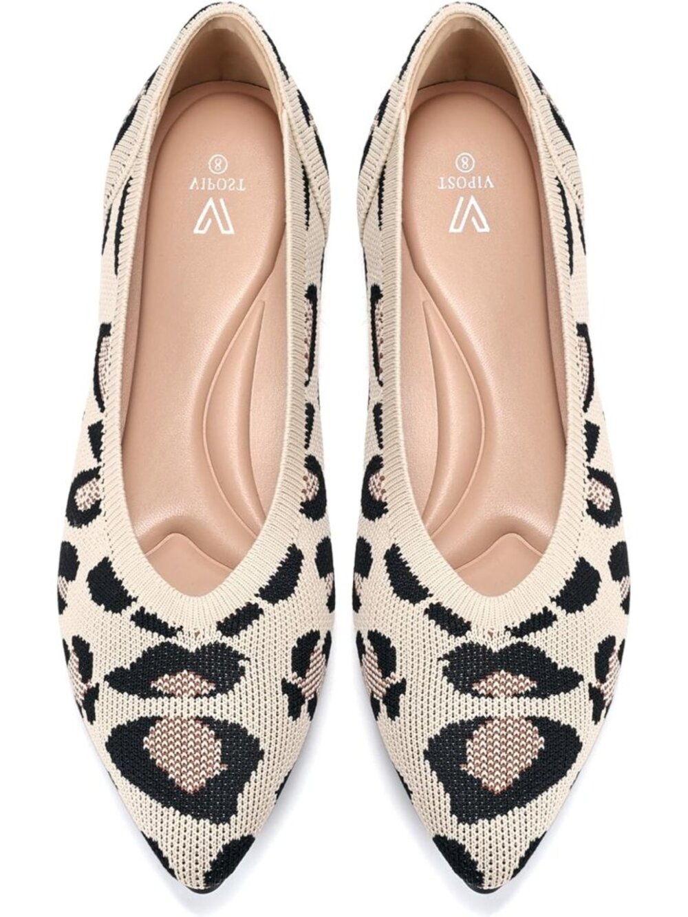 Women's Leopard  Pointed Toe Comfort Foldable Slip On Knit Ballet Flat Shoes